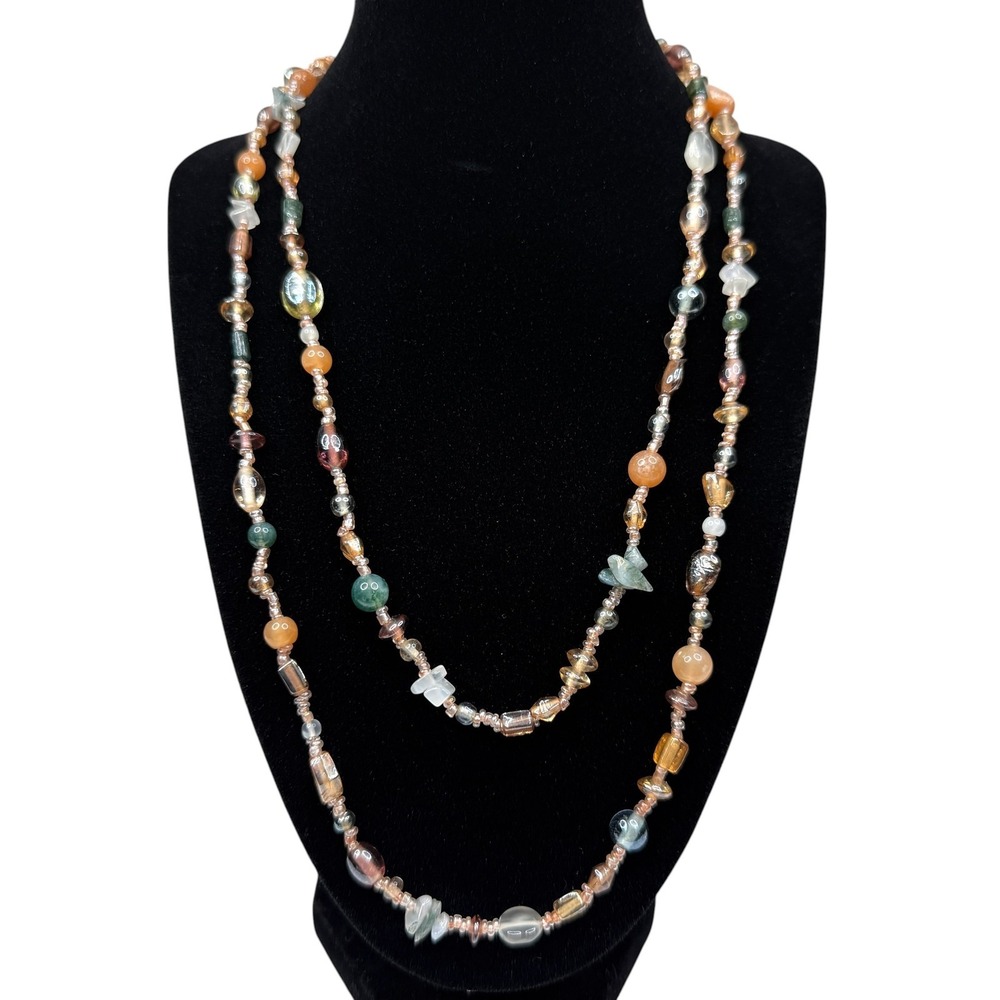 Long Layered Multicolored Glass Stone & Seed Necklace Boho Fashion Jewelry